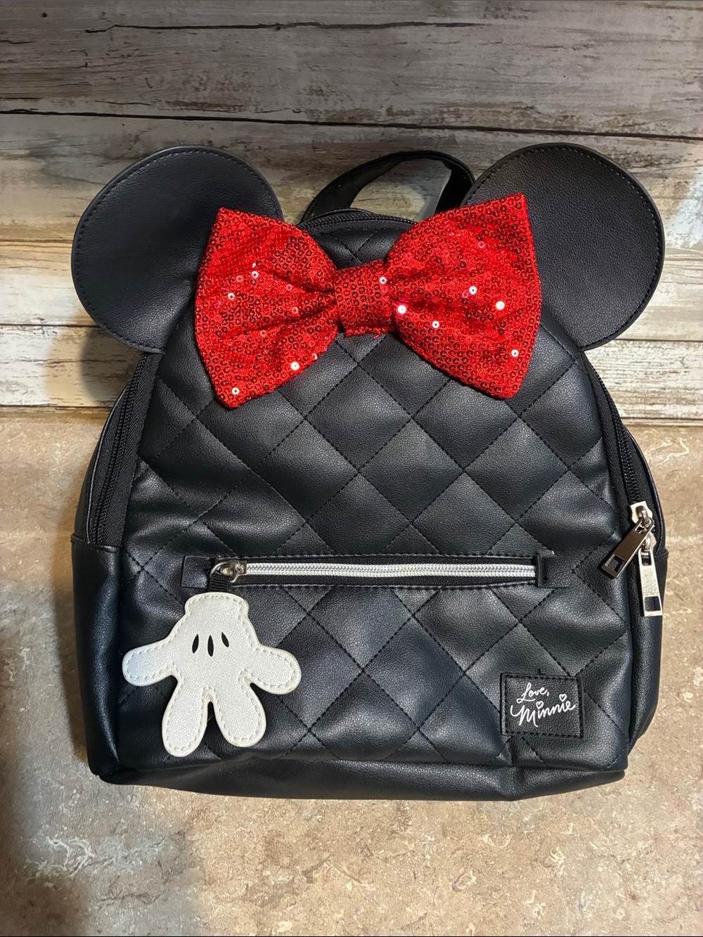 Disney Black Quilted Kids Backpack with Red Sequin Bow